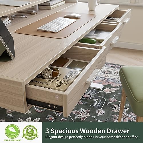 CubiCubi One-Piece Standing Desk 48x26 with 3 Wood Drawers, Light Walnut