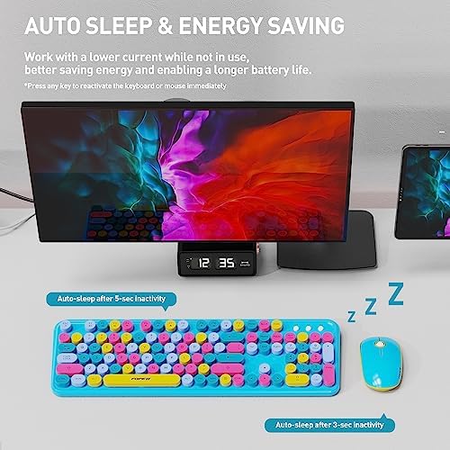 Colorful Wireless Keyboard Mouse Combo,Cute Round Keys,for PC Laptop,Blue