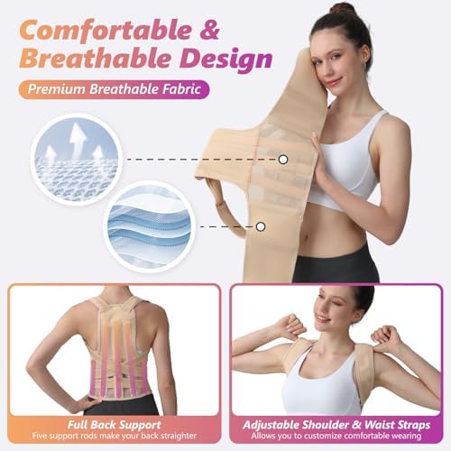 Posture Corrector for Women and Men, Adjustable Shoulder Straightener with Full Back Support, Relief for Lower & Upper Back Pain, Spine, Scoliosis Relief (Beige, Medium)