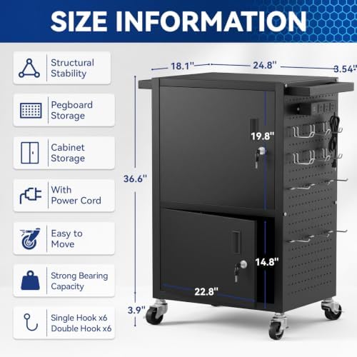 Mobile AV Cart Heavy Duty Computer Cart with 2 Locking Cabinets Rolling Media Cart with Outlets Pegboard Hooks Lock Brake Wheels Mobile Computer Workstation Perfect for Home Office
