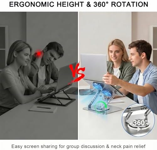 Laptop Stand with Cooling Fan, 360 Rotating Base Aluminum Laptop Riser, Foldable Ergonomic Computer Stand for Desk, Height Adjustable Notebook for All Laptops up to 17.3" (Silver)