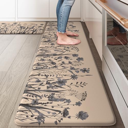 KIMODE Kitchen Anti Fatigue Mat,Brown Gray Farmhouse Kitchen Rugs Sets of 2