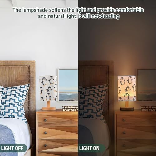 Bedside Lamp Cute Penguins Table Lamp for Bedroom LED Nightstand Lamp Shade USB Ports Wood Base for Living Room Dorm Office
