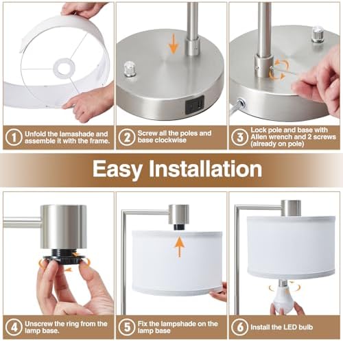 Silver Table Lamp Set of 2, Dimmable Bedside Lamps for Night Stand, USB A+C