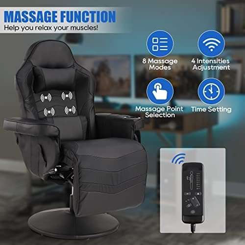 Gaming Chairs for Adults, Reclining Gaming Chair with Footrest, Massage Video Gaming Recliner Chair w/Adjustable Height, Swivel Game Chair with Lumbar Support, Side Pouch