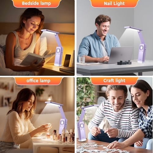VAVOFO Cute Bunny Desk Lamp, Foldable LED Rechargeable Table Light, Eye-Caring Reading Lamp, 3 Color Modes & Dimmable, for Kids Girls Bedroom Study Dorm Room（Purple）