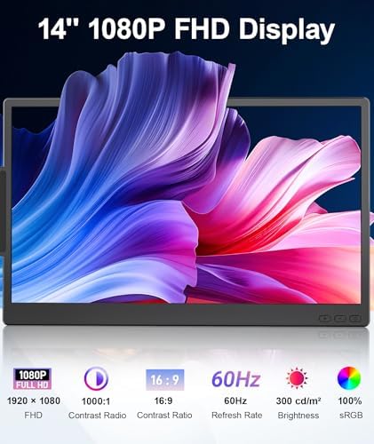 Laptop Screen Extender 1.87lbs Ultra-Portable & Ultra Slim, 14.2" FHD 1080P Dual Portable Monitor for 14"-17.3" Laptop, Plug & Play Travel Monitor Extender Compatible with Wins/Mac/Chrome/Android