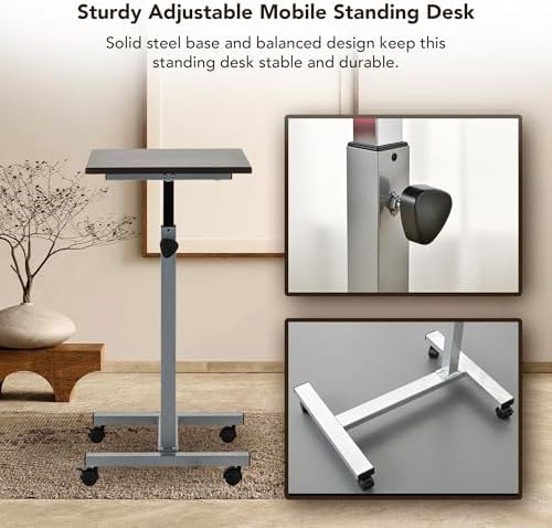 Displays By Jack Adjustable Height Rolling Laptop Desk, Silver Mobile Sit Stand Computer Table on Wheels – 24 x 15 in Portable Workstation for Home Office, Study Room, Classroom
