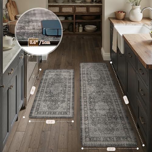 Anti Fatigue Black Grey Vintage Non-Slip Kitchen Mat 2 Piece