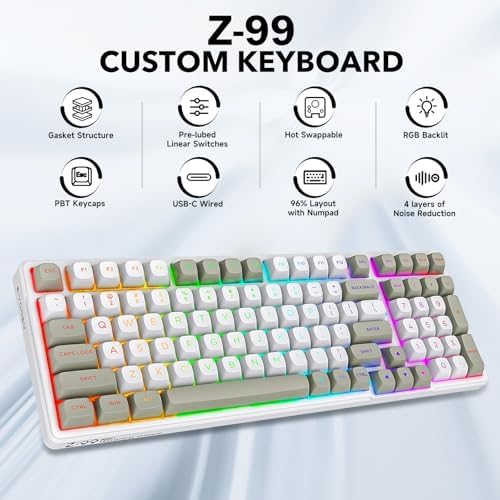 HUO JI Z-99 Wired Mechanical Keyboard, Creamy Sound, RGB Backlit,White Gray