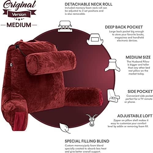 Husband Pillow Medium Reading Pillow with Arms - 23" Backrest for Sitting Up in Bed - Firm Support Bed Rest Pillow for Adults, Neck Roll, Removable Cover - TV, Reading, Lounging - Maroon