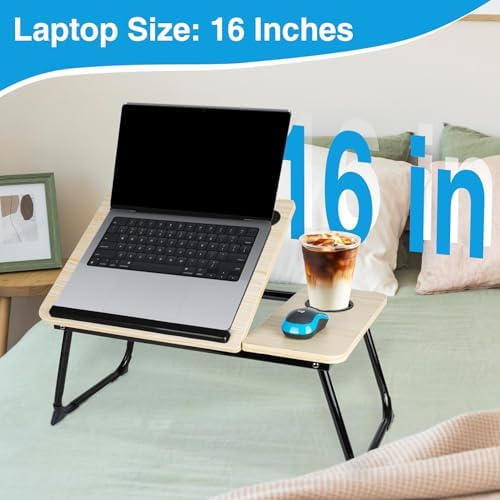 Laptop Bed Desk, Adjustable Lap Desk, Small Laptop Table with USB Charge Port, Desktop Card &Pen Slot, Cup Holder, Foldable Bed Tray Table for Couch Sofa Chair Floor Eating Working