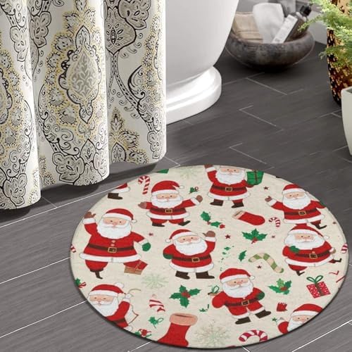 Machine Washable Modern Round Area Rug, Room Sofa Yoga Soft Round Carpet, Home Decor Non Slip Kitchen Office Circle Rug Cute Cartoon Santa Claus Christmas
