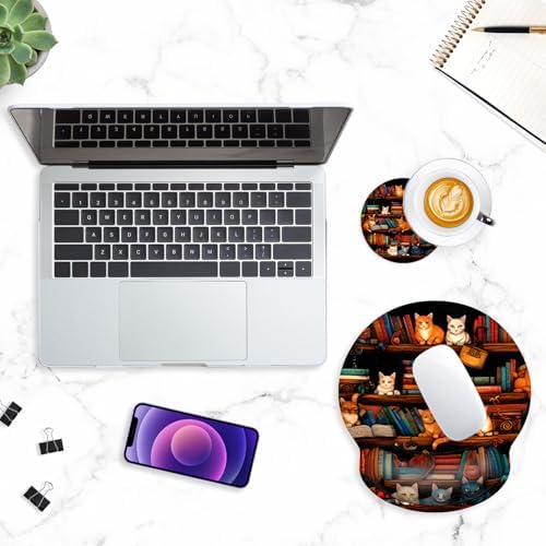 ITNRSIIET Ergonomic Mouse Pad with Wrist Support Wrist Rest Smooth Surface Non-Slip Rubber Base Comfortable Office Supplies Pain Relief, 9.8 x 9.1 inches, Cat on the Desk