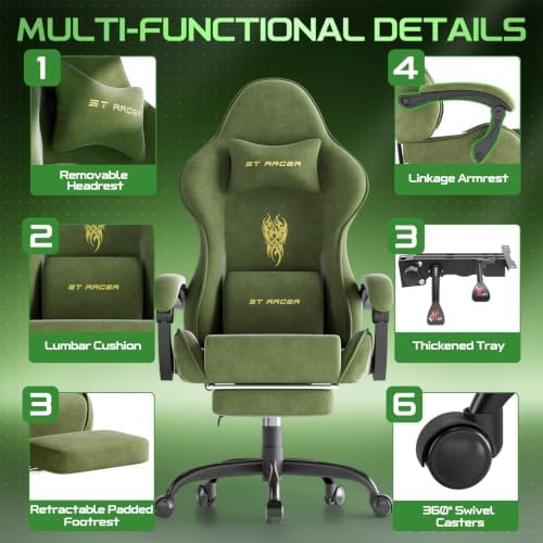 Ferghana Ergonomic Velvet Fabric Gaming Chair with Embroidery Fire, Massage Lumbar Support & Retractable Footrest, Reclining Racing Computer Office Desk Chair for Adults, Green