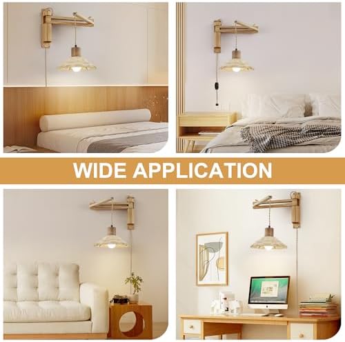 maesta Plug in Wall Lamp, Beachy Wood Swing Arm Wall Sconce for Bedroom