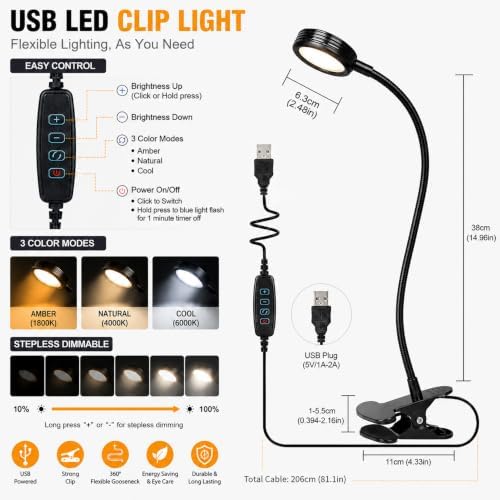USB Clip-On Lamp Eye Caring Dimmable Reading Light (Amber+Cool White, 8W)