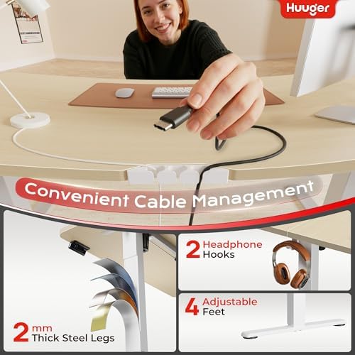 Huuger 47 X 24 Inch Electric Standing Desk with Power Outlets and USB-C Port, Height Adjustable Desk, Sit Stand Desk for Home Office, Computer & Gaming Desk with 3 Presets, Stable Steel Frame, Marple