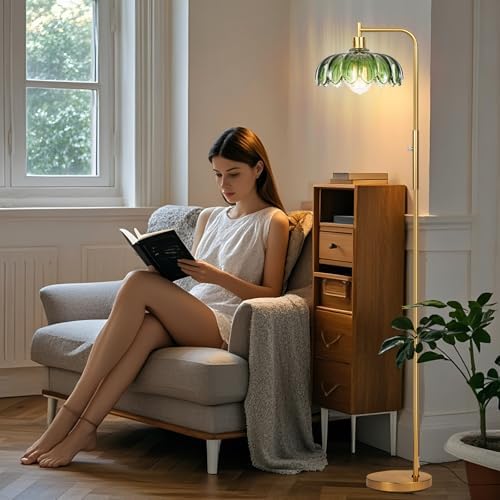 Ruiever Glass Floor Lamp for Living Room, Dimmer Standing Lamp with Green Lampshade,66” Tall Lamp & Gold Floor Lamp for Bedroom Study Room,Brushed Gold LED Bulb Included (Flower Green Glass Shade)