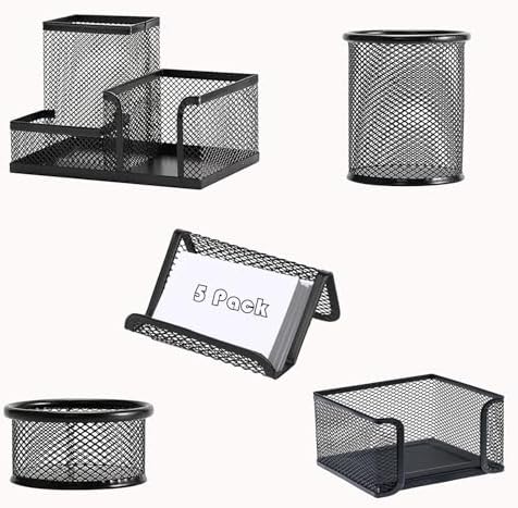Moonlik Desk Organizers and Accessories Set, Mesh Pen Holder,Office School Home Desktop Supplies for Clip Phone Sticky Notes,Mail, Caddy Storage Baskets(Black,5 Piece Set)