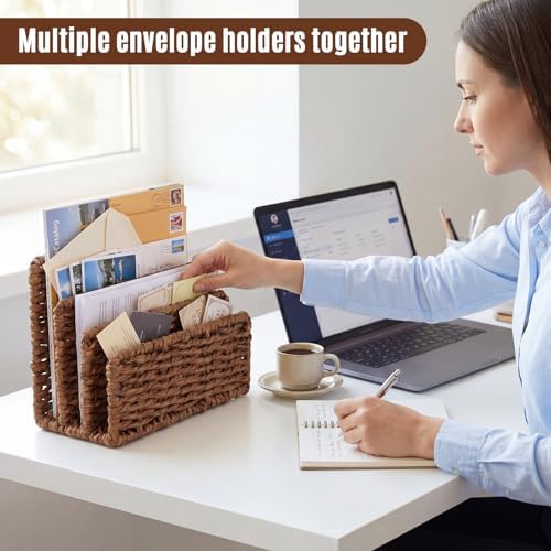 Paper Rattan Mail Organizer for Desk Mail Holder Countertop with 3 Slot Paper Rattan Letter Sorter File Holder Envelope Book Stand Farmhouse Office Desk Organizer and Storage Accessories
