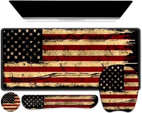 Large Mouse Pad with Wrist Support 4in1 Set, XXL Game Mousepad + Keyboard Wrist Rest+Mouse Wrist Rest+Coaster with Ergonomic Design Gaming Mat for Home Office Table Computer I Retro USA Flag