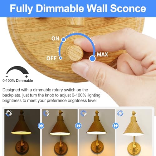 TRLIFE Wall Sconce Plug in, Dimmable Wall Sconce with Switch Swing Arm Wall Lights Plug in Wall Light Wall Sconces Lighting with 6FT Plug in Cord, E26 Base(1 Pack, Oak Color)