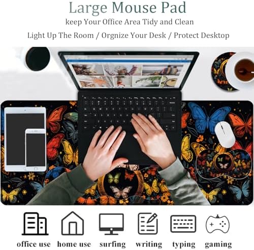 Mouse Pad Combo, Large Gaming Mouse Pad + Keyboard Wrist Support + Mouse Wrist Rest + Coaster, Table Pad 31.5 "x 11.8" with Memory Foam Ergonomic Wrist Pad Set, Colorful Butterfly Moon Pattern