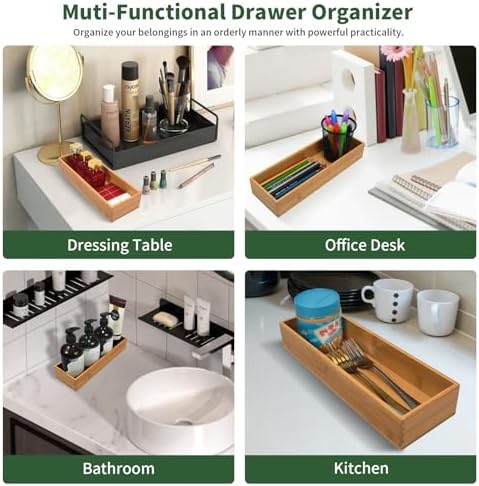 Bamboo Drawer Organizer - Kitchen Drawer Utensil Organizer Office Supplies Desk Organizer Makeup Silverware Tray Flatware Organization 12"*4"*2"