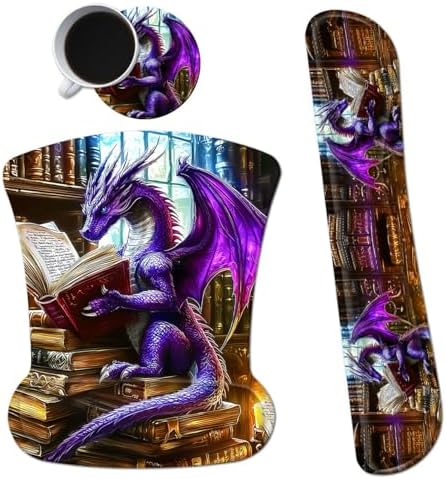 3Pcs Ergonomic Memory Foam Keyboard Wrist Rest Pad Set, Dragon Book