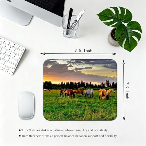 9.5x7.9 Inch Office/Gaming Mouse Pad, Horses Grazing in a Serene Pastoral Sunset Landscape Cute Anti-Slip Mat for Desk