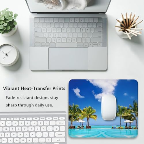 Tropical Beach Swimming Pool Mouse Pad, Coastal Scenery Sunbeds Desk Mat