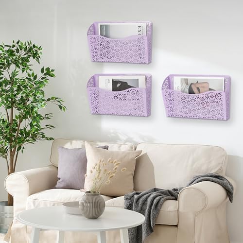 EasyPAG 3 Single Wall Mount File Organizer Vertical Metal Wall Pocket File Holder for Office, Home, School, Purple