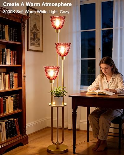Lightdot Glass Floor Lamp with Shelf Red Glass Flower Gold Floor Lamps