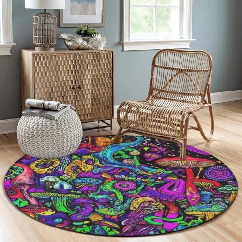 Highly Premium Quality Floor Mat, Office Chair Decor Mat, Room Sofa Yoga Soft Round Carpet Trippy Mushroom Magic Art, 60inch