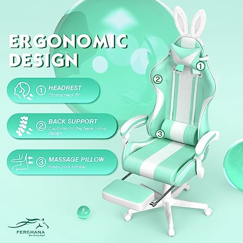 Ferghana Kawaii Light Green Gaming Chair with Bunny Ears, Ergonomic Cute Gamer Chair with Footrest and Massage, Racing Reclining Leather Computer Game Chair 250lbs for Girls Adults Teens Kids