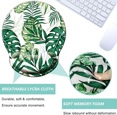 Mouse Pad with Wrist Support, Ergonomic Mouse Pad with Memory Foam Wrist Rest Cushion, Non-Slip Rubber Base Gaming Mice Pad for Home Office Computer Laptop, Green Frond