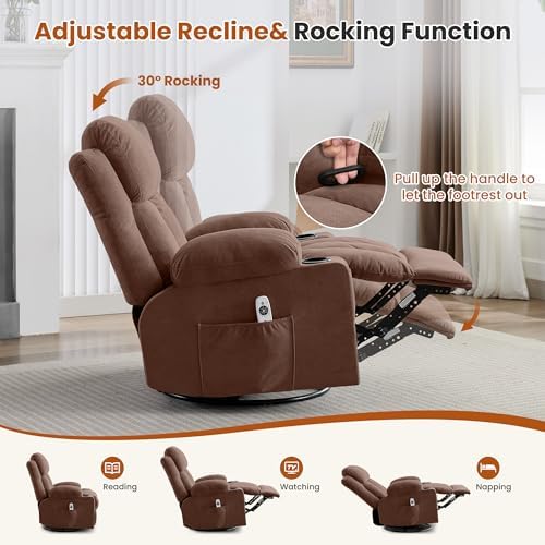 MAHOMICO Swivel Rocker Recliner Chair with Vibration Massage and Heat for Living Room,with Rocking Function and Side Pocket, USB Charge Port,2 Cup Holders