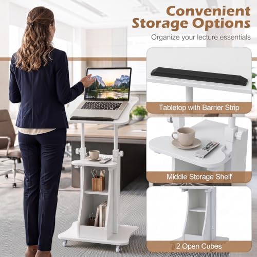 Tangkula Mobile Lectern Podium, Height Adjustable Podium Stand, Standing Sit-to-Stand Desk, Rolling Cart Laptop Desk with Swivel Top Movable Wheels & Storage