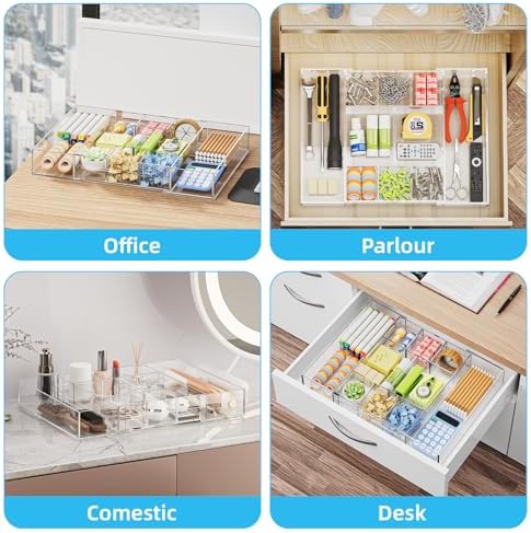 Marbrasse Acrylic Expandable Drawer Organizer, Clear Desk Drawer Organizer Tray with 5 Dividers, Desk Organizers and Accessories, 10 Adjustable Compartments for Office Supplies, Makeup & Vanity