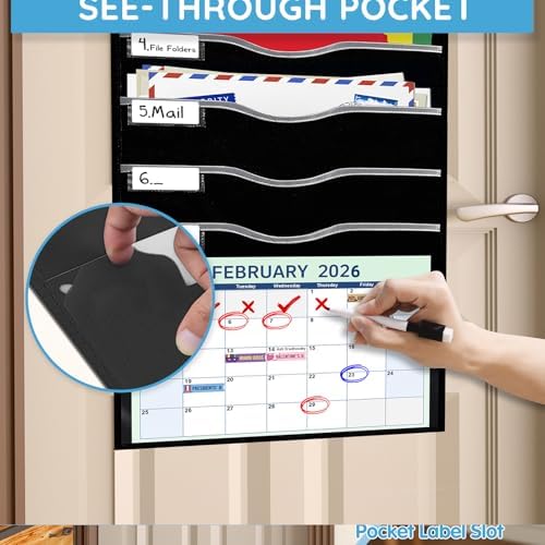 ALSLEA Hanging File Organizer 8 Pockets 15¾”W Legal/ Letter Size Paper Organizer, Pocket Chart for Classroom , Mail Organizer Wall Mounted, Over the Door Organizer with 12 Nameplate, 5 Hooks (Black)