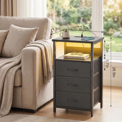 Fixwal Night Stand with 3 Drawers, Black Nightstand with Charging Station