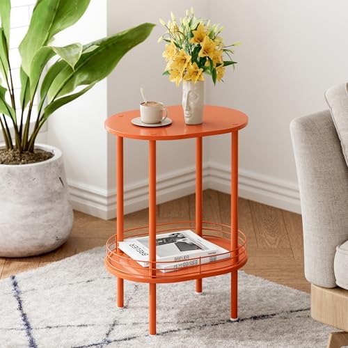 Orange Oval Nightstand Set of 2, Small Modern Round Side Table with Storage