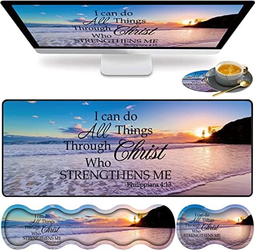 Large Gaming Mouse Pad, Keyboard Wrist Rest pad + Mouse Wrist pad + Coaster Set Extended Waterproof Non-Slip Table mat Suitable for Home Office Learning Games - Philippians 4-13
