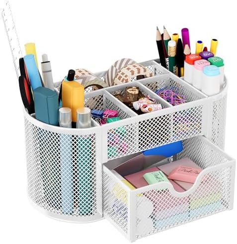 EasyPAG Mesh Pen Holder Desk Organizer with Drawer Stationery Supplies Organizer for Dorm School 9 Compartments Workspace Desk Accessories Organization for Office, White