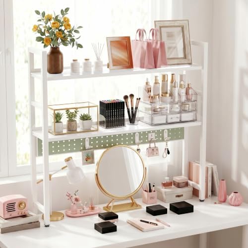 Brakki 2-Tier Desk Shelf, Desk Hutch Bookshelf with Pegboard and Hook Dorm