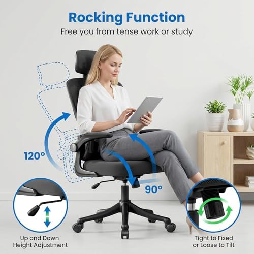Ergonomic Office Chair with Dynamic Lumbar Support & Adjustable Headrest – High Back Desk Chair with 90° Flip-up Arms, Comfort Mesh Computer Chair for Home Office Long Hours Sitting, Black