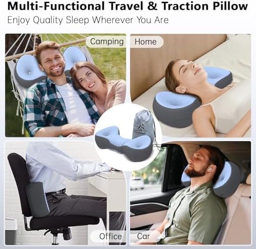 Cervical Neck Roll Pillow, Say Goodbye to Neck Pain, Travel Neck Support Pillow for Side Sleepers, Ergonomic Memory Foam Camping Pillow, Cervical Traction Device with Storage Bag