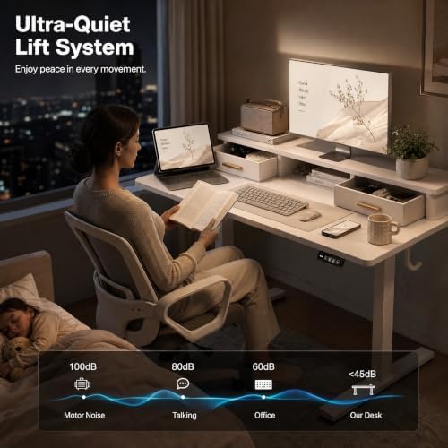 Grandder Electric Standing Desk with Two Drawers, Sit to Stand Up Height Adjustable Desk with Storage Shelf for Home Office, 47 * 24 Inch, Study, Ergonomic Adjustable Computer Desk, White