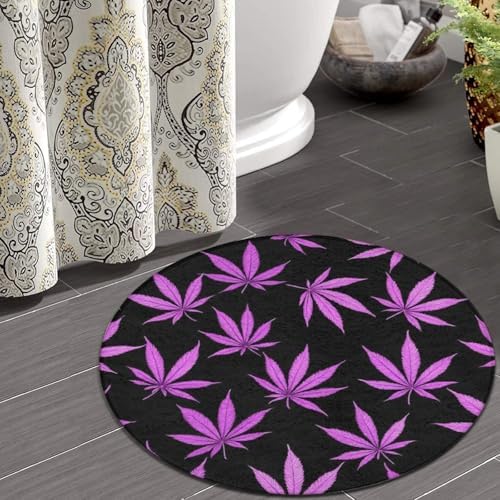Fashion Round Area Rug Large Non Slip Carpet Unisex Home Decor Mat Purple Weed Leaves